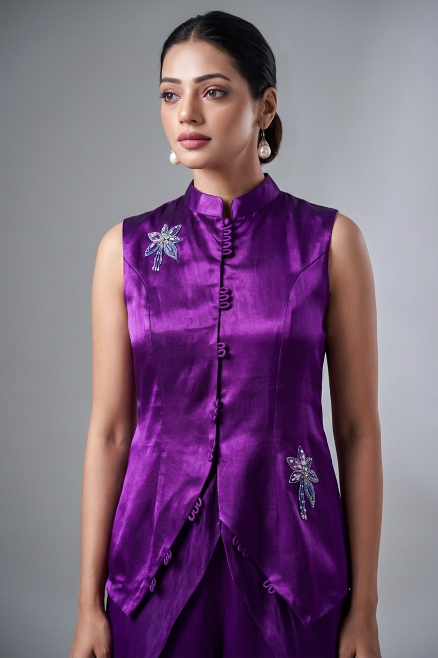 Purple Gaji Silk Stand Neckline Top with Adorned with Intricate Handwork Secondary image