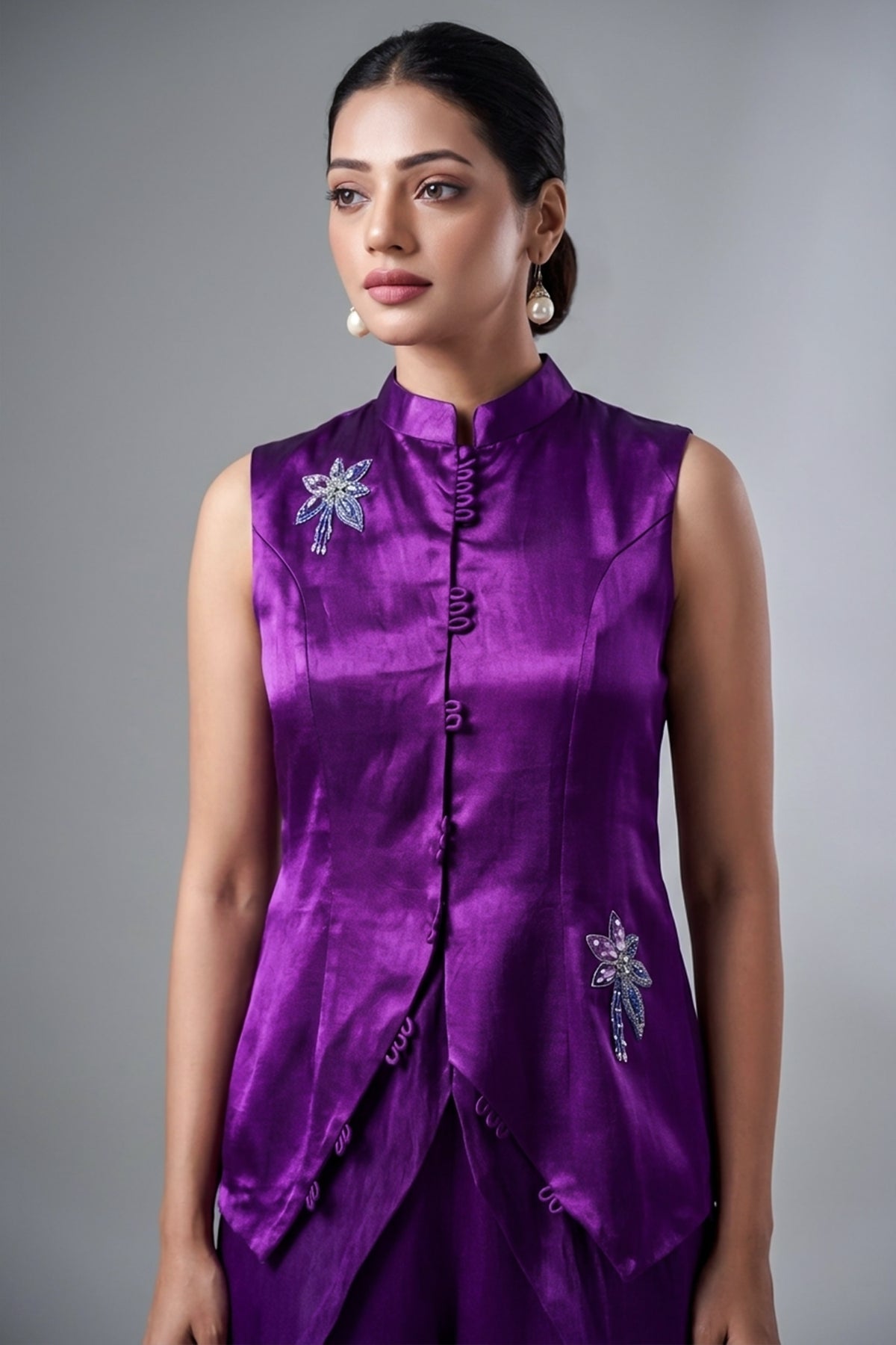 Purple Gaji Silk Stand Neckline Top with Adorned with Intricate Handwork - purple silk saree