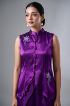 Purple Gaji Silk Stand Neckline Top with Adorned with Intricate Handwork - purple silk saree