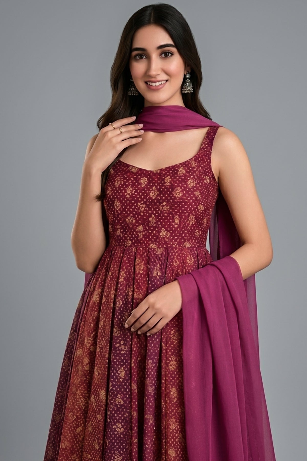 Pink and Multi Colored Chinon Printed Flared Anarkali Kurti - red saree