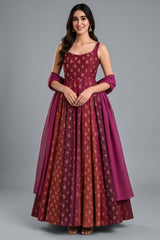 Pink and Multi Colored Chinon Printed Flared Anarkali Kurti - red saree