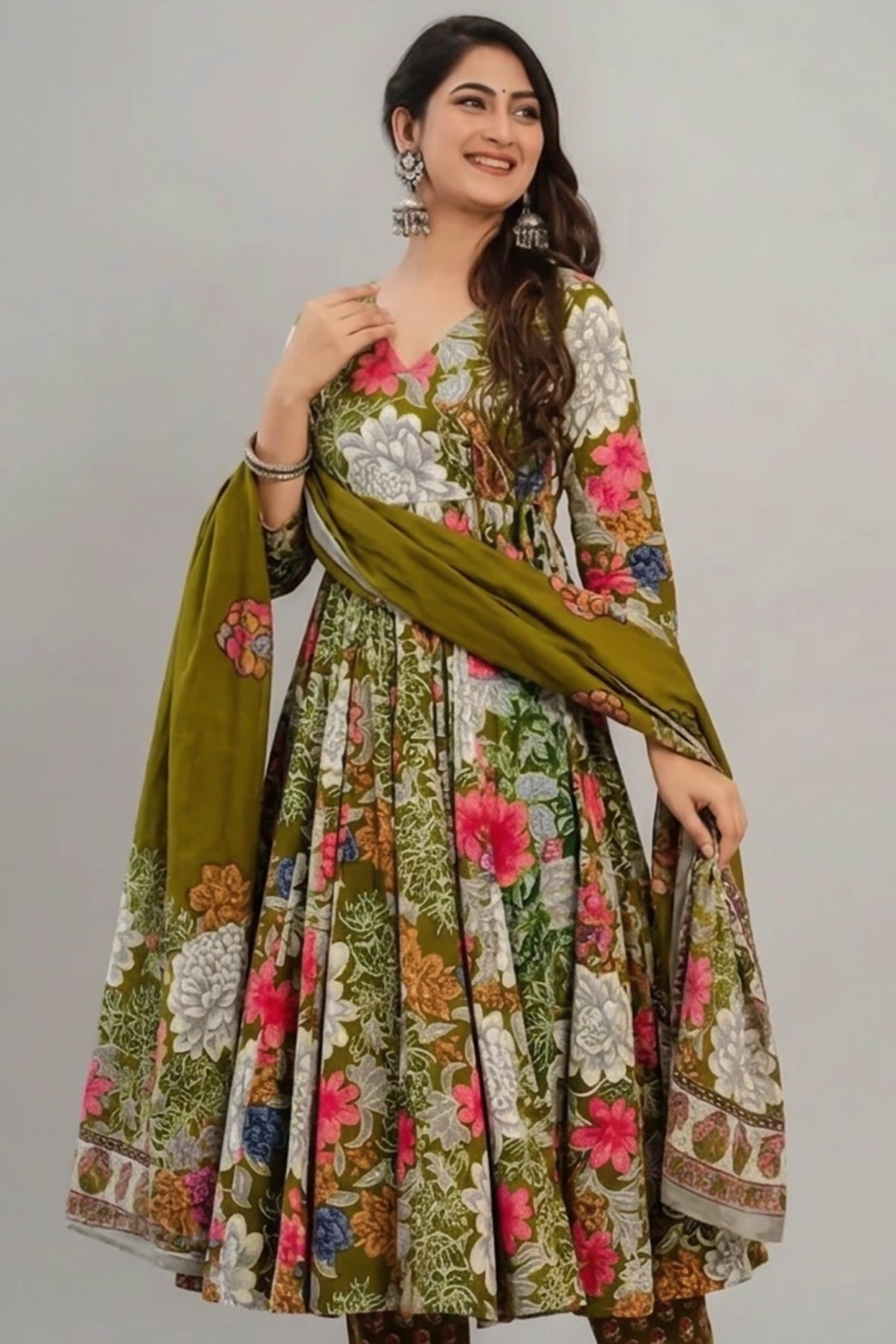 Olive Green Muslin Printed Anarkali Kurti Set - green muslin saree