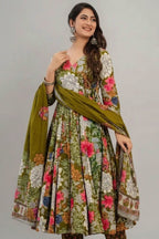 Olive Green Muslin Printed Anarkali Kurti Set - green muslin saree