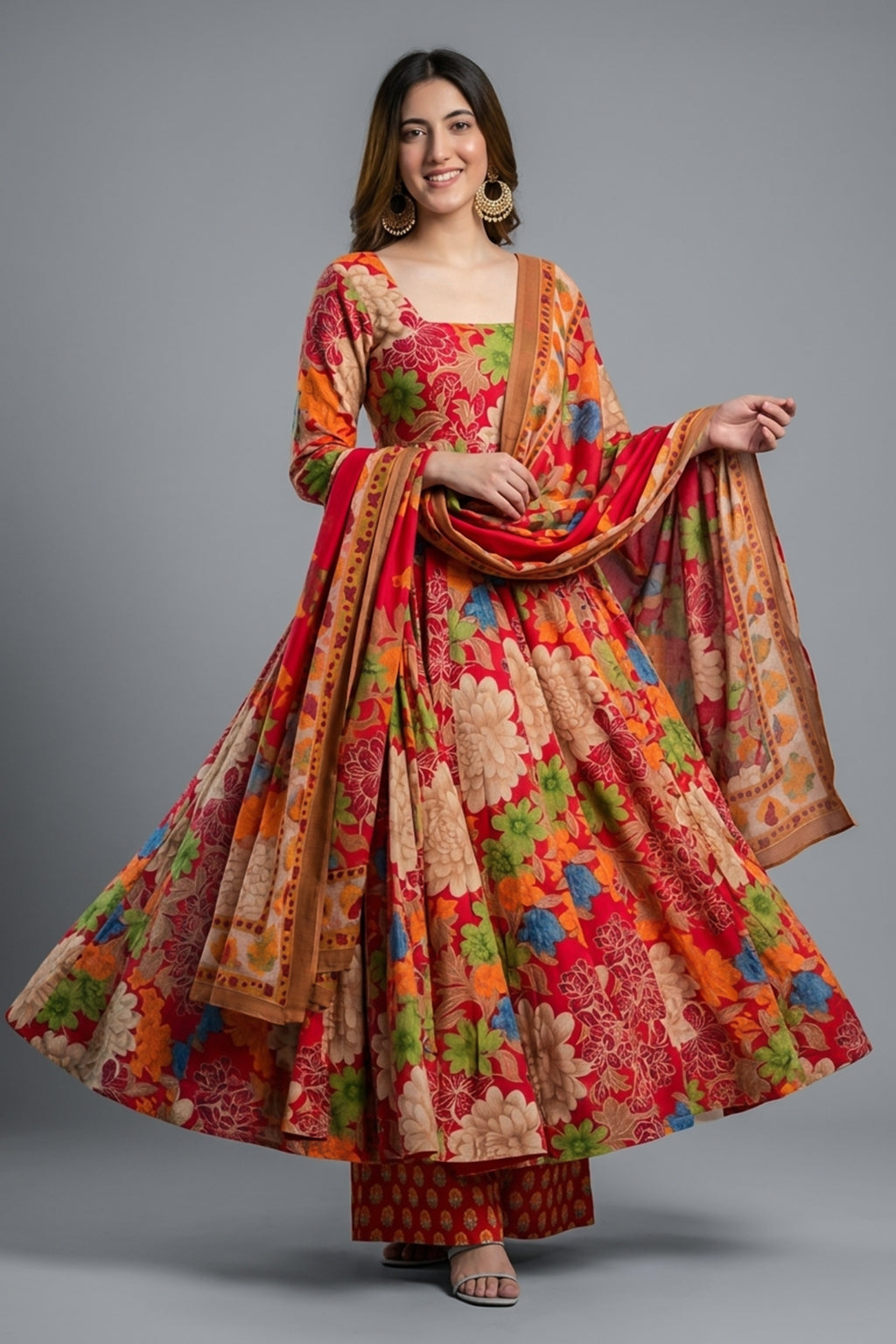Multi Color Muslin Printed Anarkali Kurti Set - muslin saree