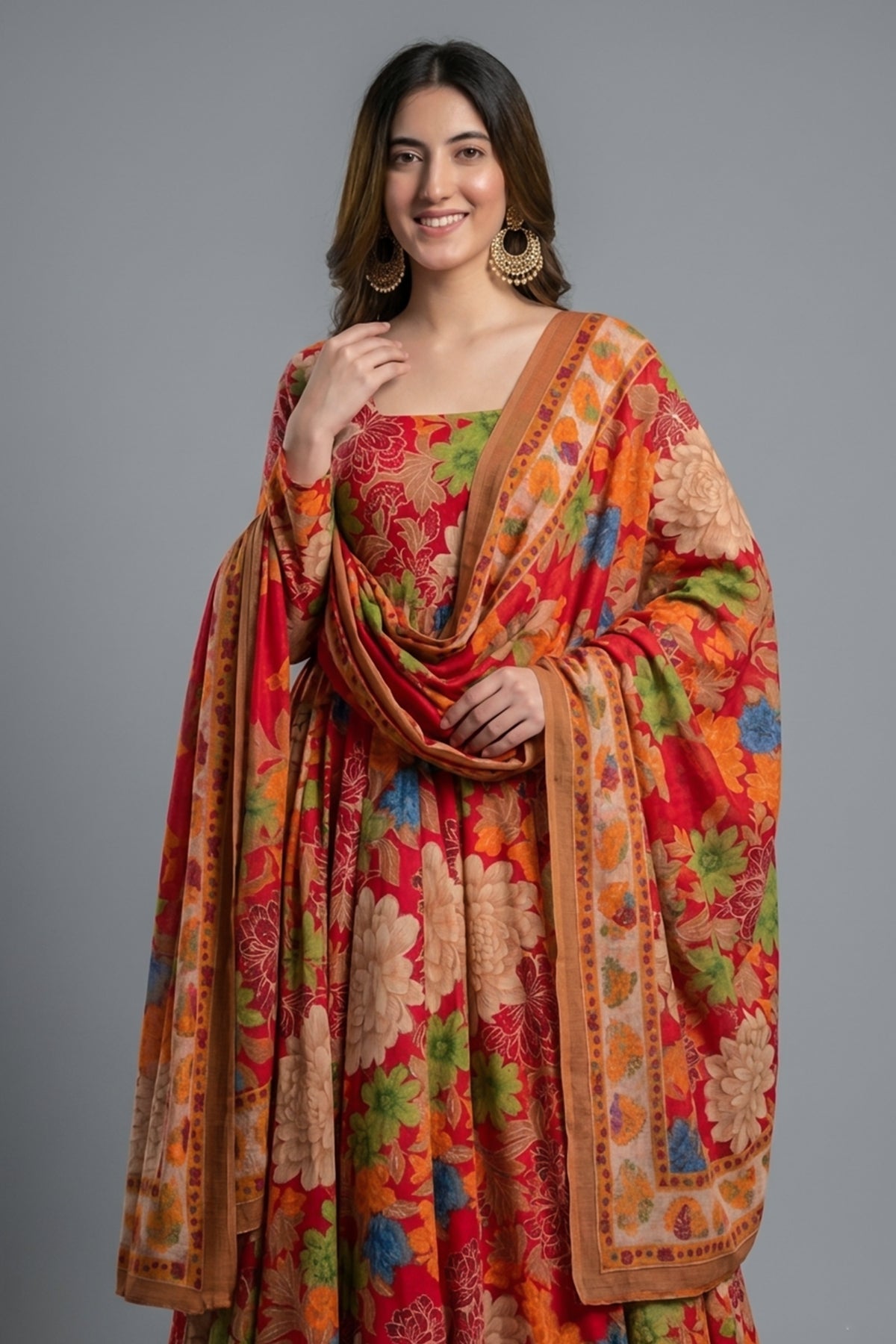 Multi Color Muslin Printed Anarkali Kurti Set - muslin saree