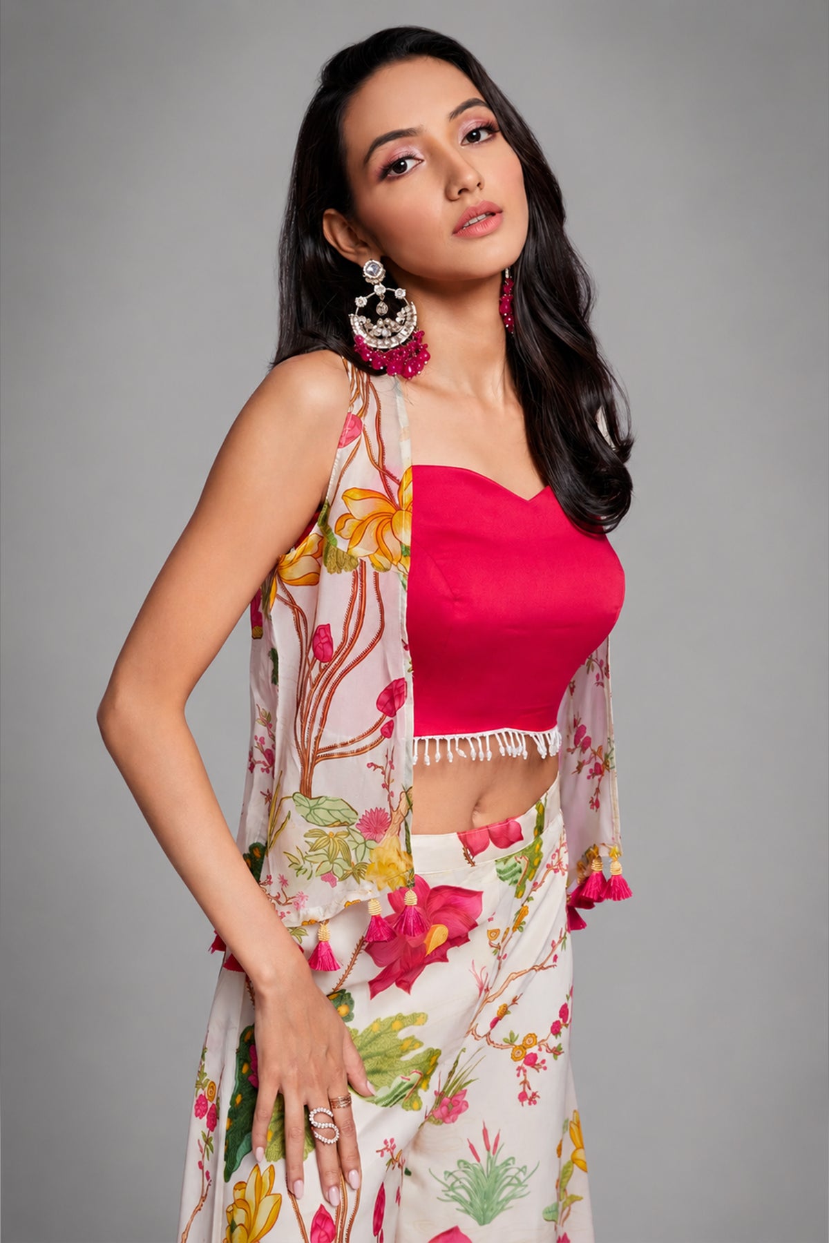 Off White Crop Top Jacket with Palazzo - white saree