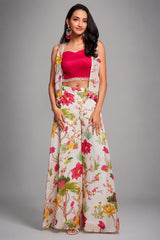 Off White Crop Top Jacket with Palazzo - white saree