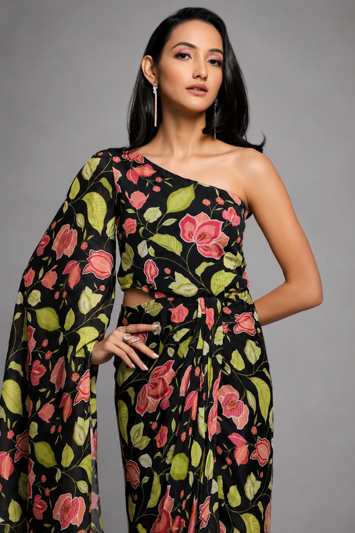 Black Chinon Silk One Sided Cape Style Printed Dress - black silk saree