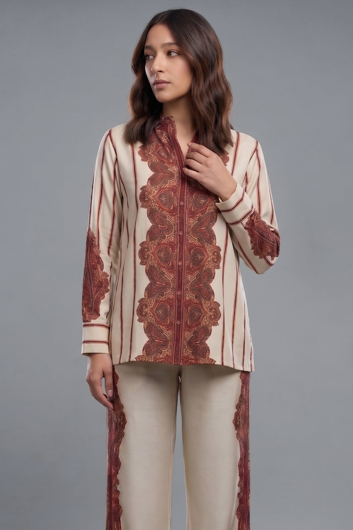 Cream Muslin Printed Co-Ord Set - cream muslin saree