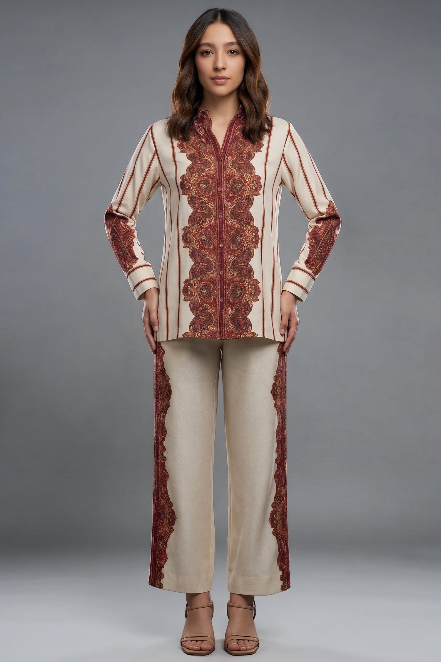 Cream Muslin Printed Co-Ord Set - cream muslin saree