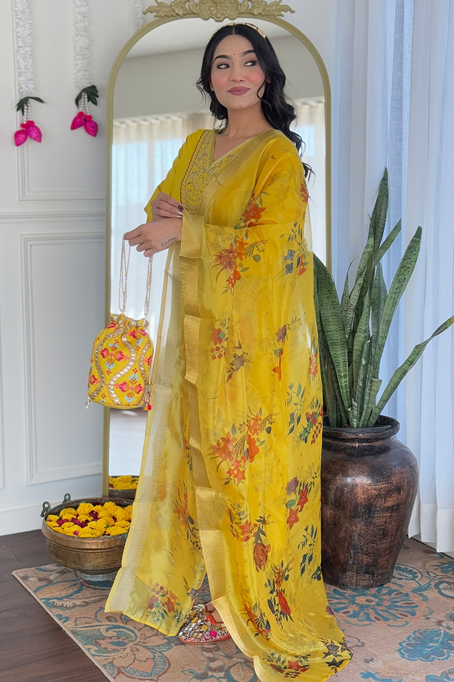 Yellow Rayon Sequin Embroidered Straight Cut Kurti Set