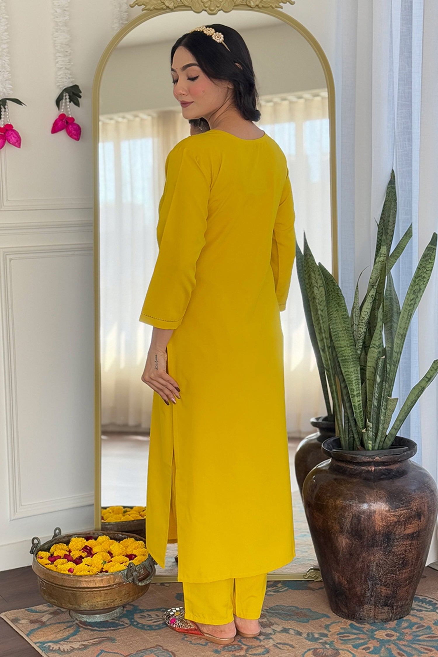 Yellow Rayon Sequin Embroidered Straight Cut Kurti Set