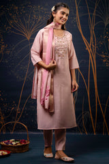 Baby Pink Shimmer Silk Straight Cut Kurti Set