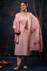 Baby Pink Shimmer Silk Straight Cut Kurti Set