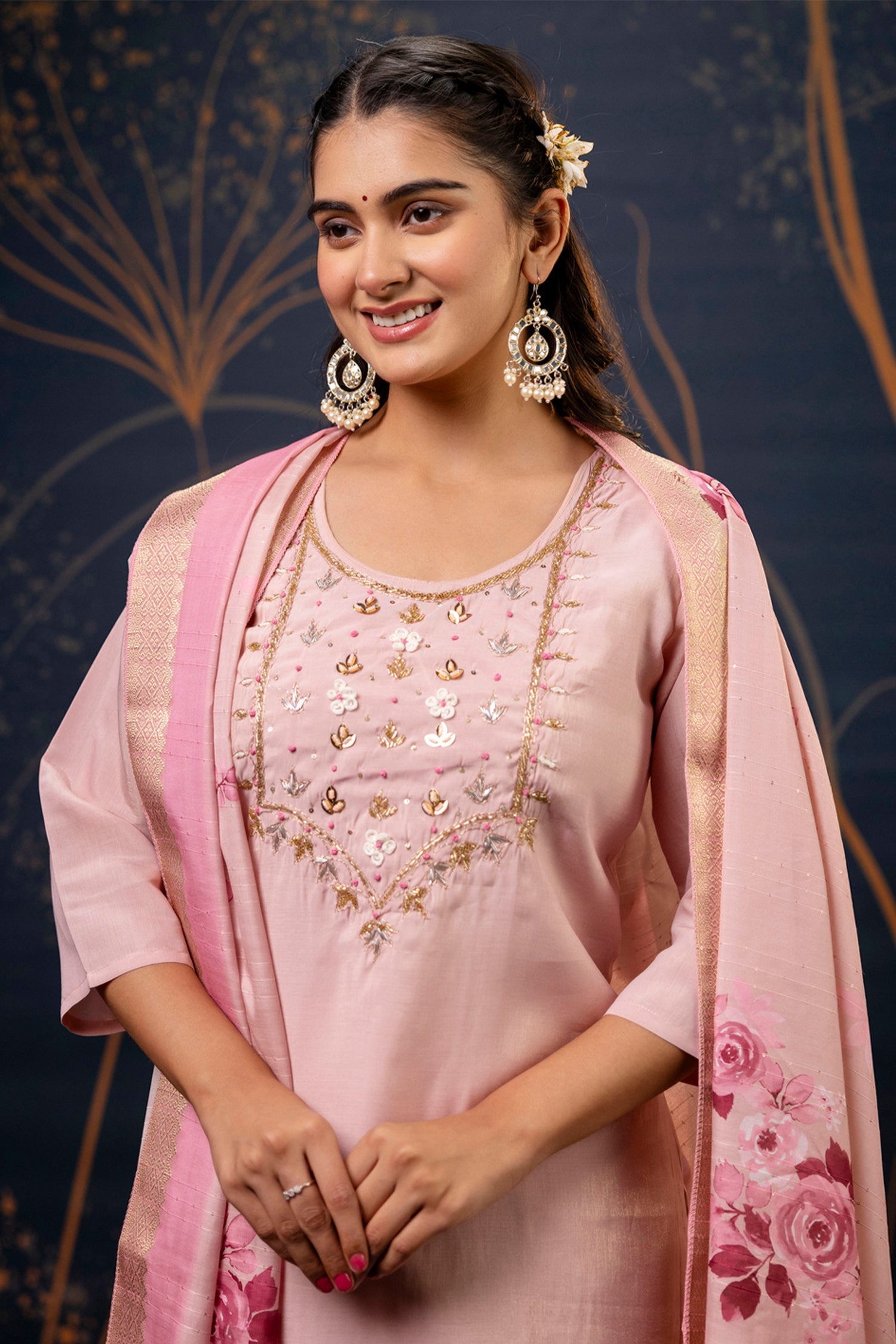 Baby Pink Shimmer Silk Straight Cut Kurti Set