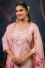 Baby Pink Shimmer Silk Straight Cut Kurti Set