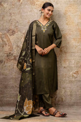 Green Shimmer Silk Straight Cut Kurti Set