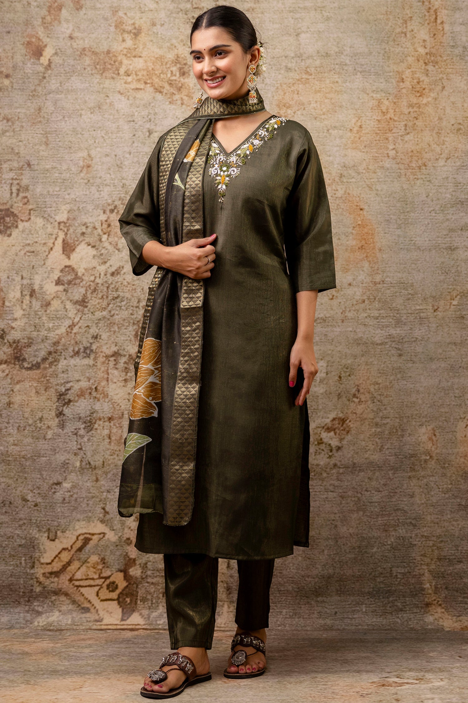 Green Shimmer Silk Straight Cut Kurti Set