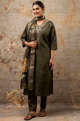 Green Shimmer Silk Straight Cut Kurti Set