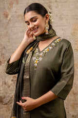 Green Shimmer Silk Straight Cut Kurti Set