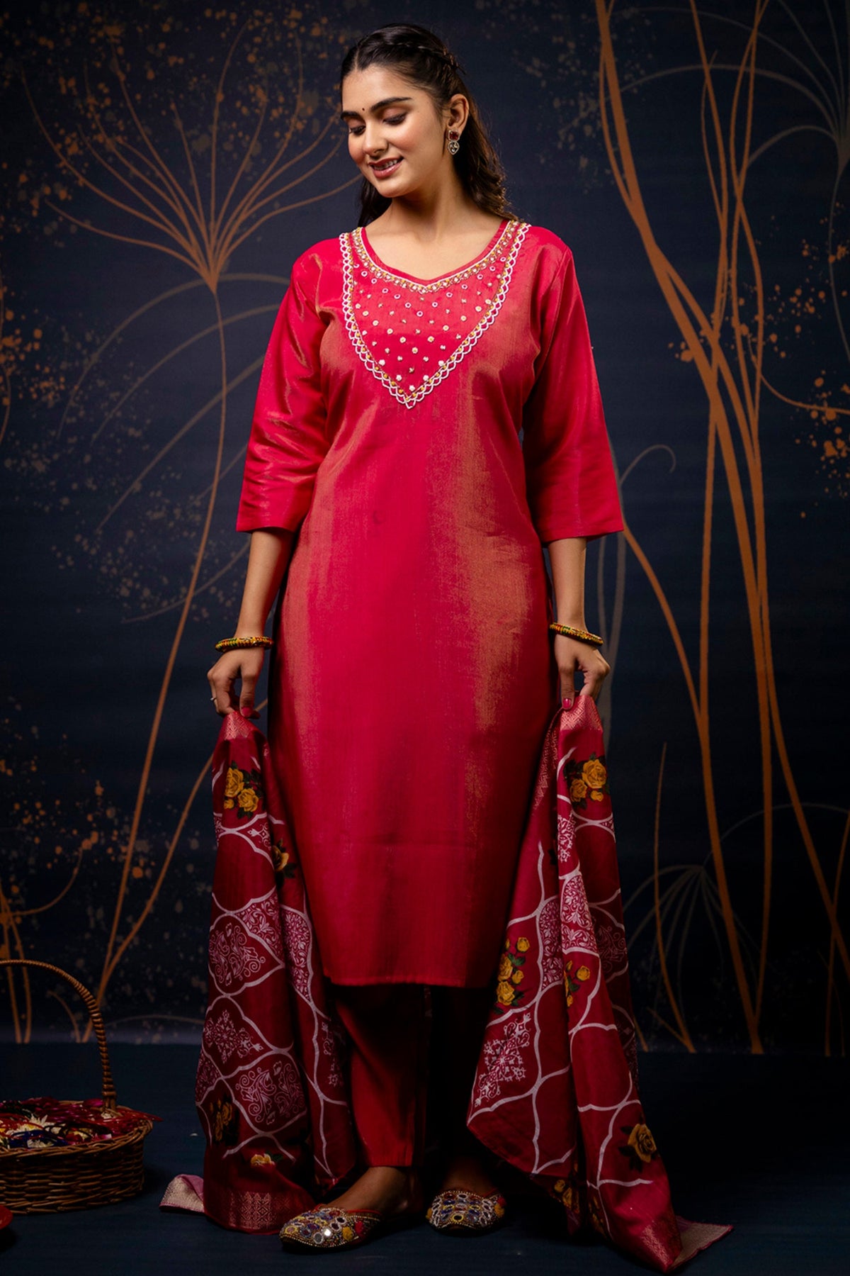 Dark Pink Shimmer Silk Straight Cut Kurti Set