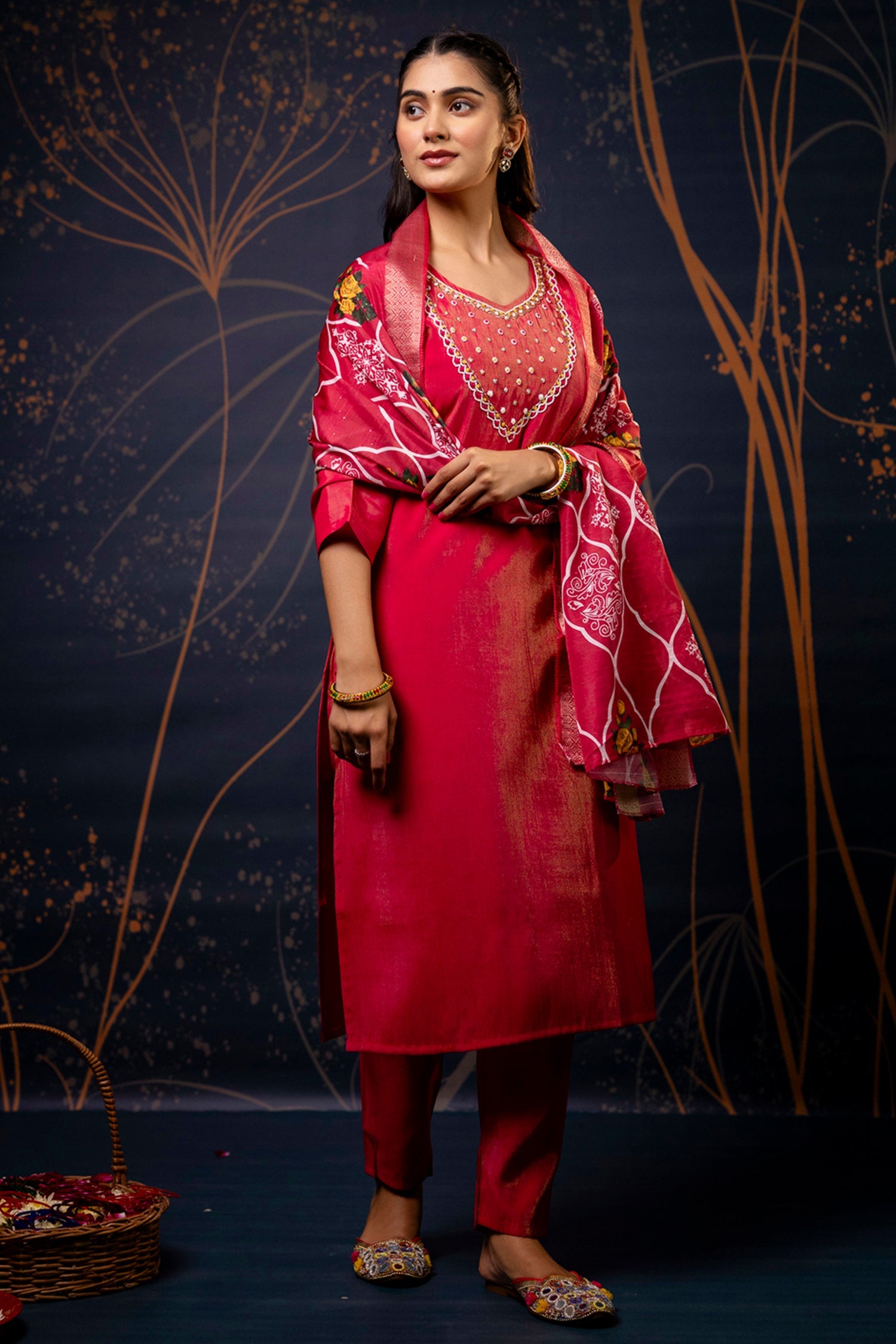 Dark Pink Shimmer Silk Straight Cut Kurti Set