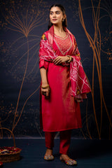 Dark Pink Shimmer Silk Straight Cut Kurti Set