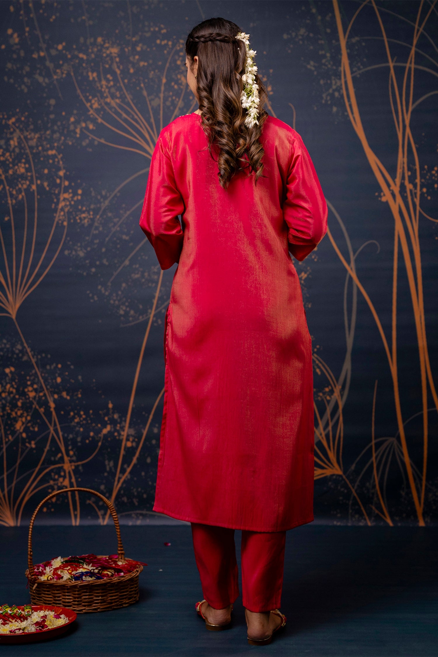 Dark Pink Shimmer Silk Straight Cut Kurti Set