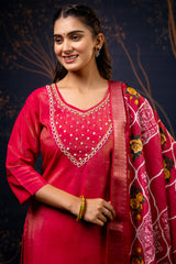 Dark Pink Shimmer Silk Straight Cut Kurti Set
