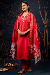 Red Shimmer Silk Straight Cut Kurti Set