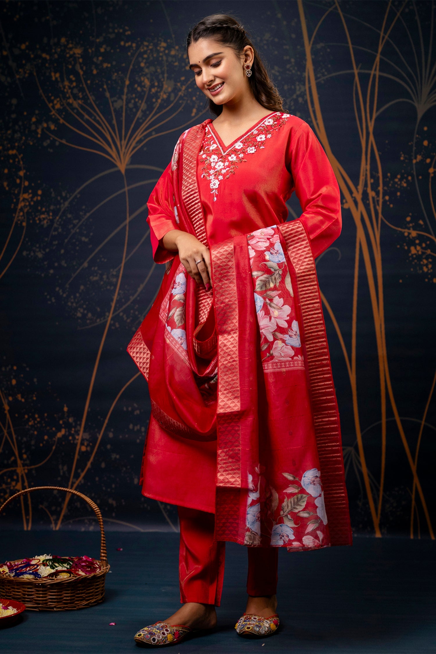 Red Shimmer Silk Straight Cut Kurti Set
