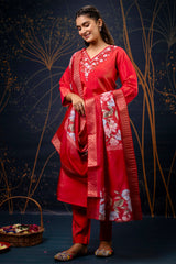 Red Shimmer Silk Straight Cut Kurti Set