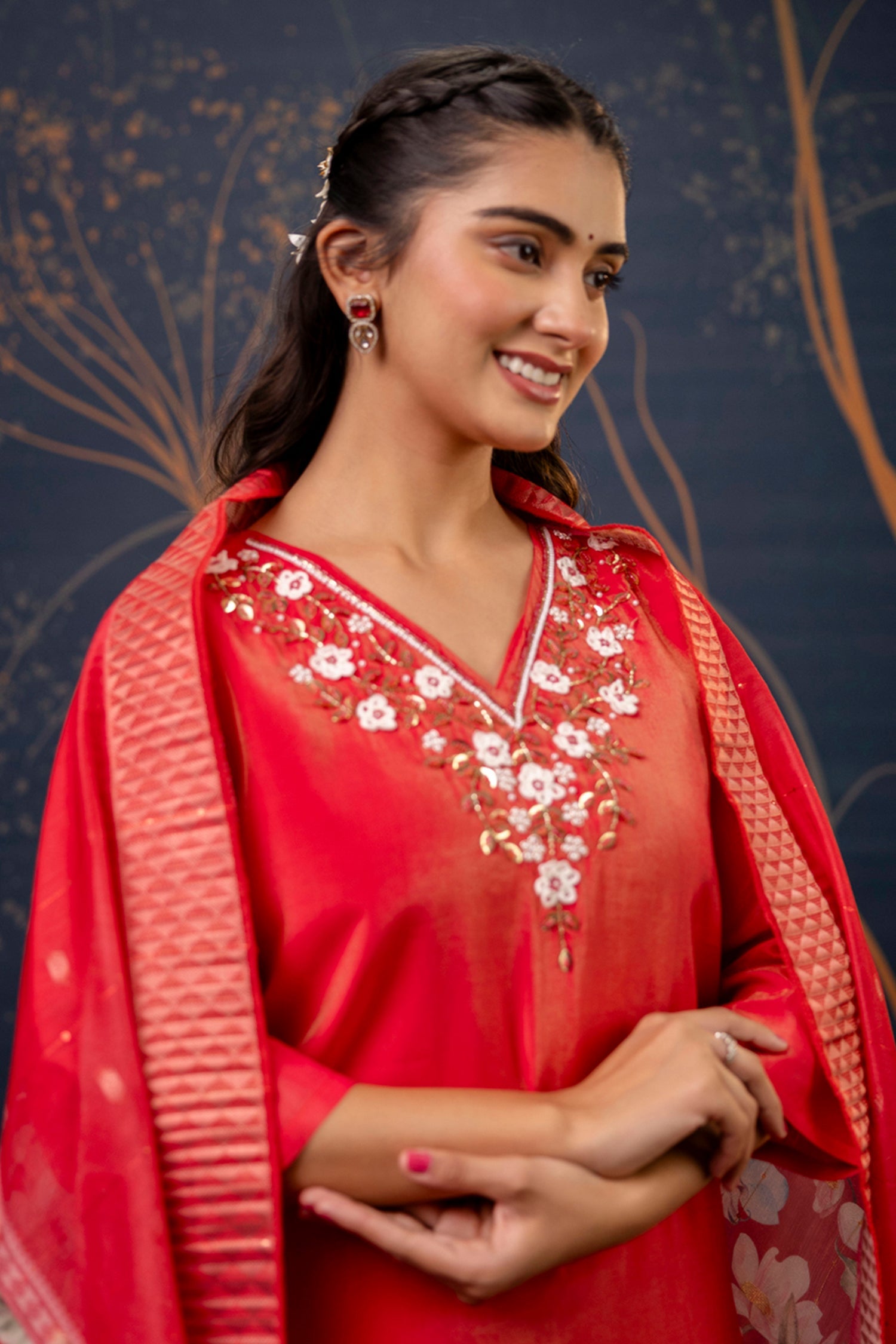 Red Shimmer Silk Straight Cut Kurti Set