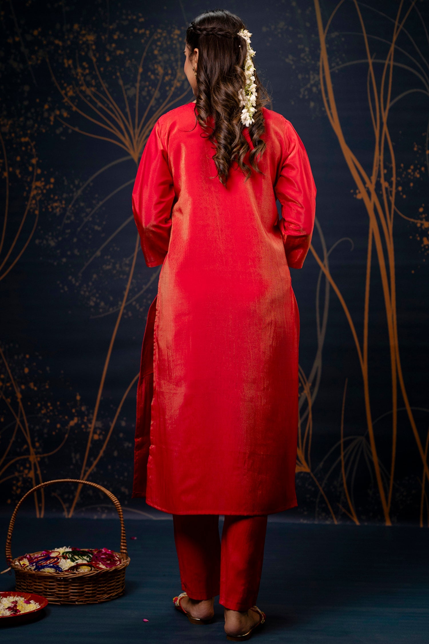 Red Shimmer Silk Straight Cut Kurti Set