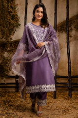 Lavender Purple Art Silk Straight Cut Embroidered Kurti Set