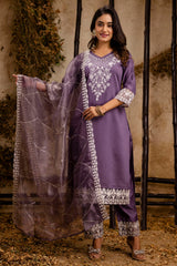 Lavender Purple Art Silk Straight Cut Embroidered Kurti Set