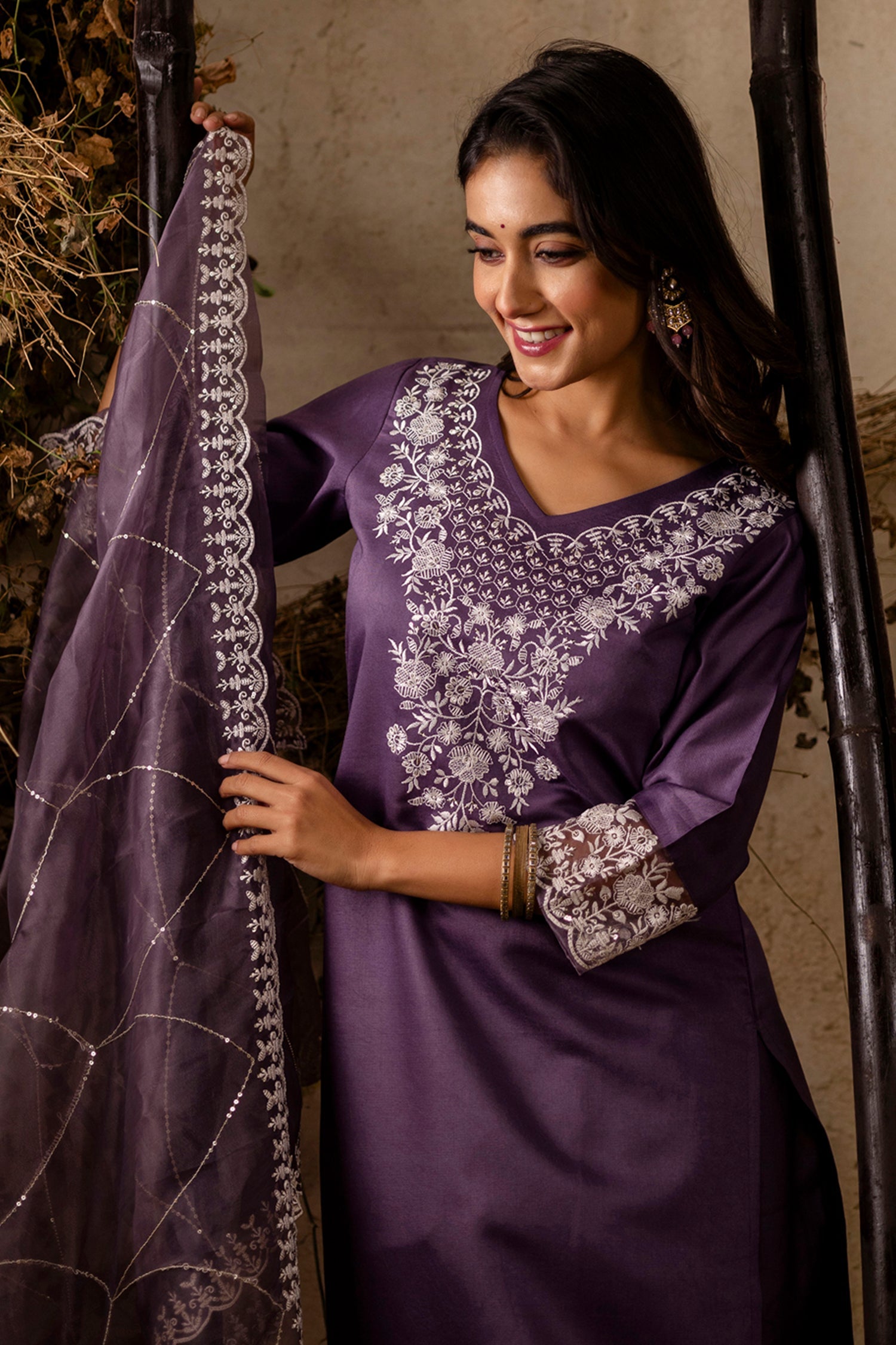 Lavender Purple Art Silk Straight Cut Embroidered Kurti Set