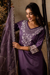 Lavender Purple Art Silk Straight Cut Embroidered Kurti Set
