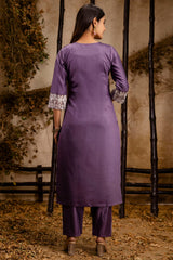 Lavender Purple Art Silk Straight Cut Embroidered Kurti Set