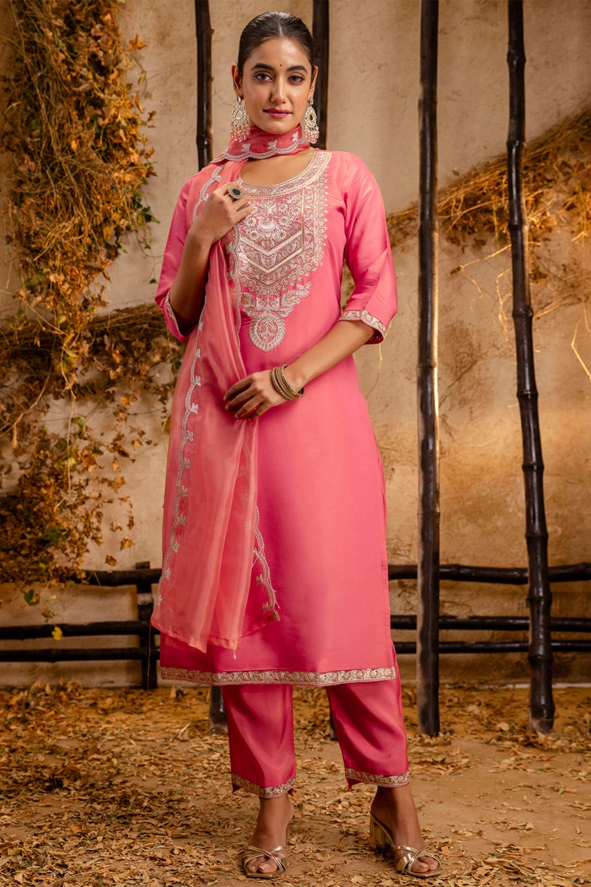 Peach Art Silk Straight Cut Embroidered Kurti Set