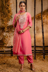 Peach Art Silk Straight Cut Embroidered Kurti Set