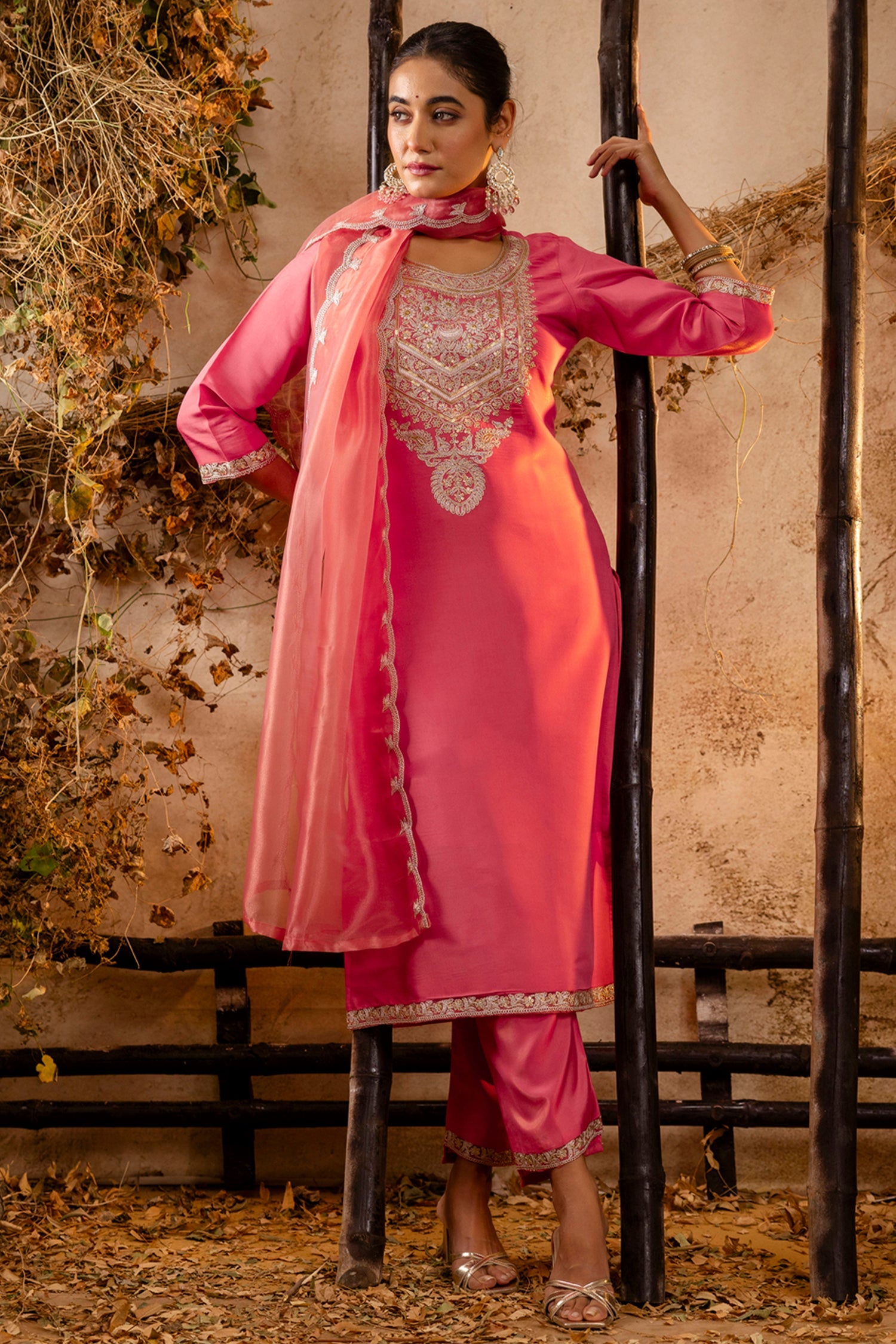 Peach Art Silk Straight Cut Embroidered Kurti Set