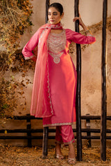 Peach Art Silk Straight Cut Embroidered Kurti Set