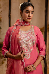 Peach Art Silk Straight Cut Embroidered Kurti Set