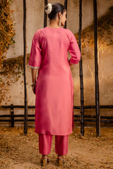 Peach Art Silk Straight Cut Embroidered Kurti Set