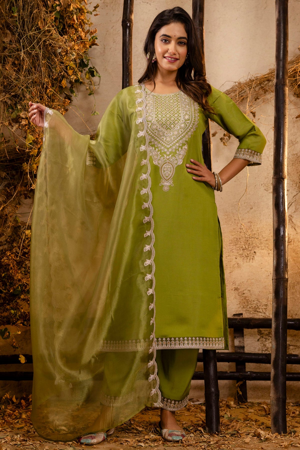 Pista Green Art Silk Straight Cut Embroidered Kurti Set