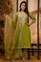 Pista Green Art Silk Straight Cut Embroidered Kurti Set