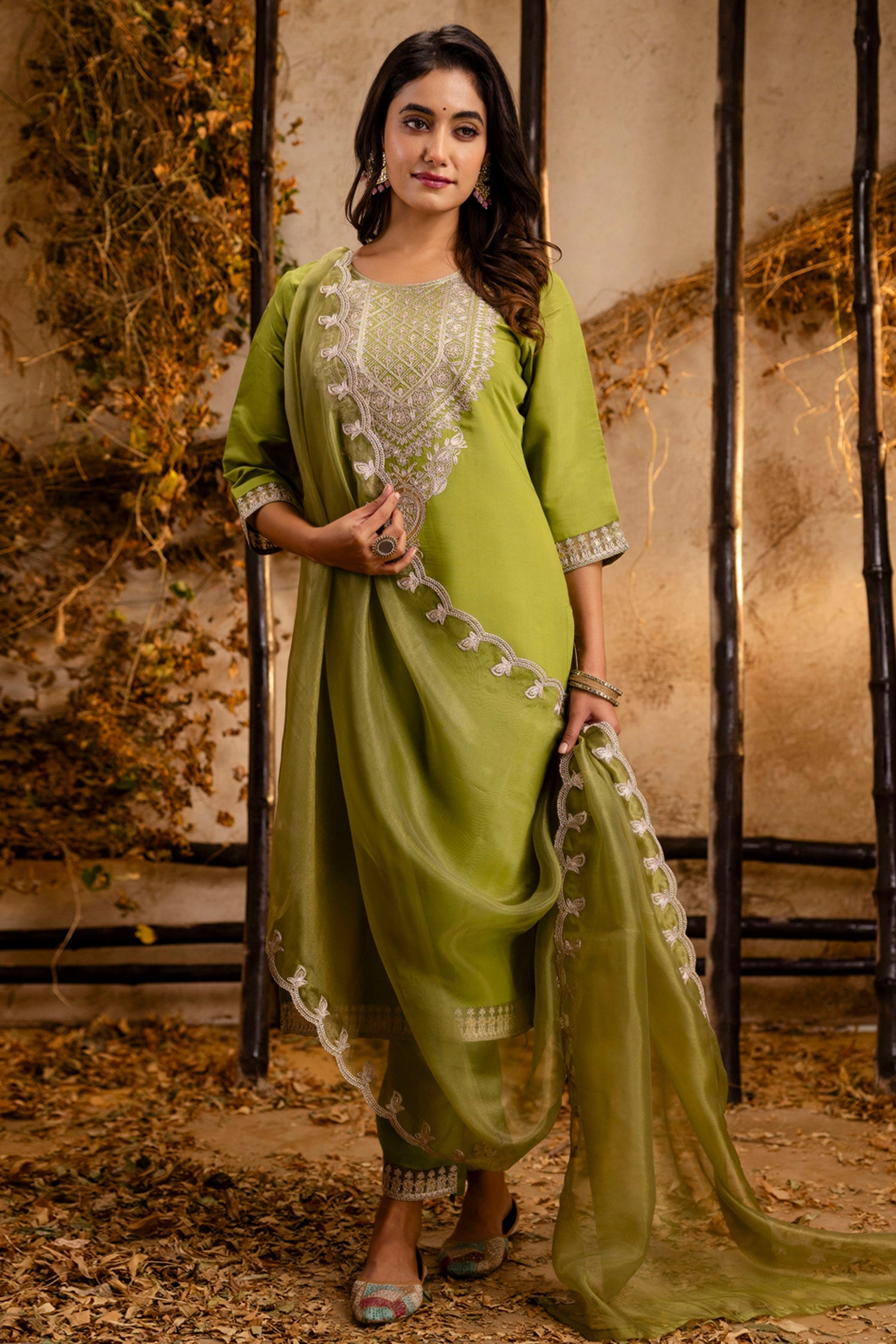 Pista Green Art Silk Straight Cut Embroidered Kurti Set