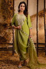Pista Green Art Silk Straight Cut Embroidered Kurti Set