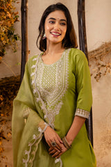 Pista Green Art Silk Straight Cut Embroidered Kurti Set